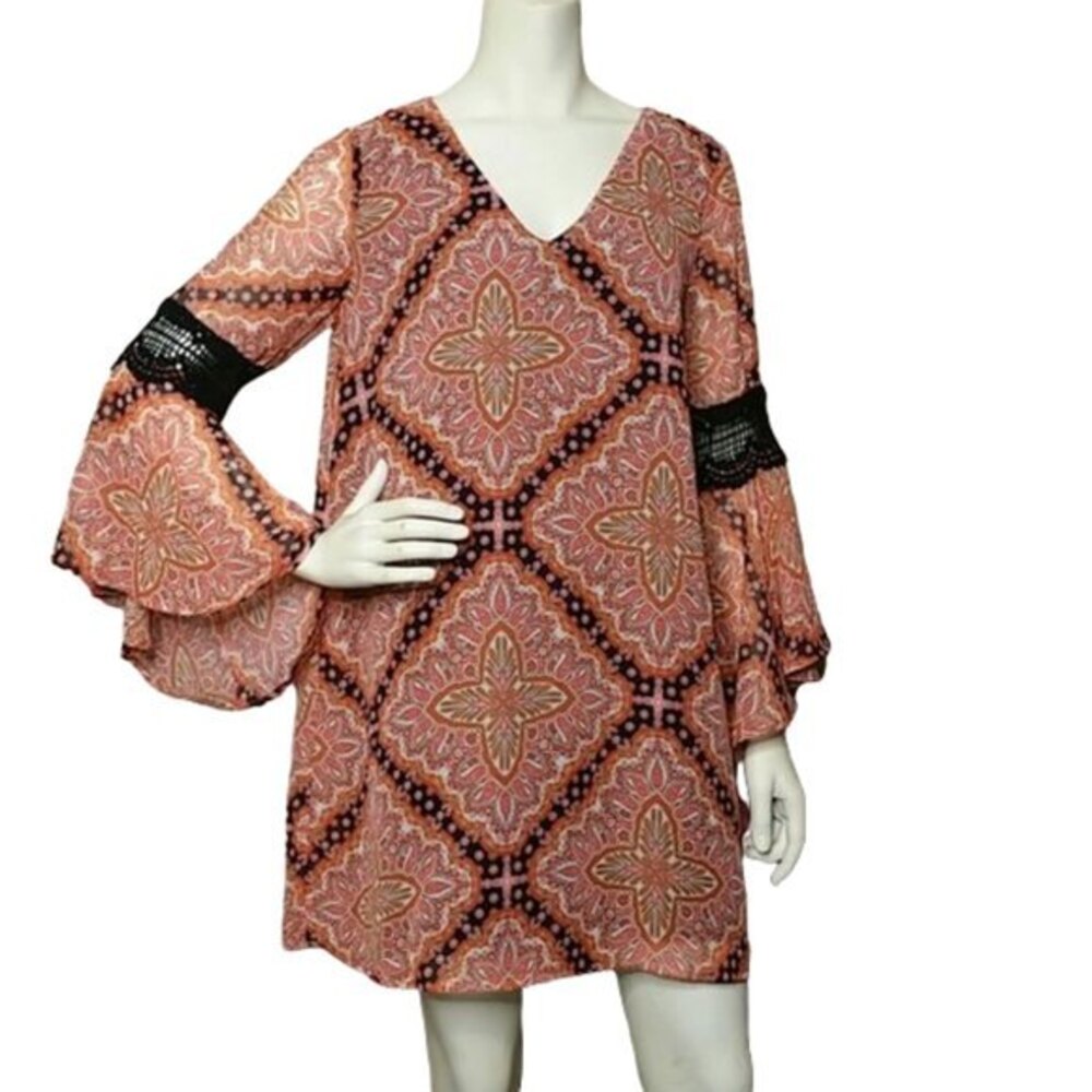 Paper Crane Boho Crochet Bell Sleeves Dress Womens Size Medium